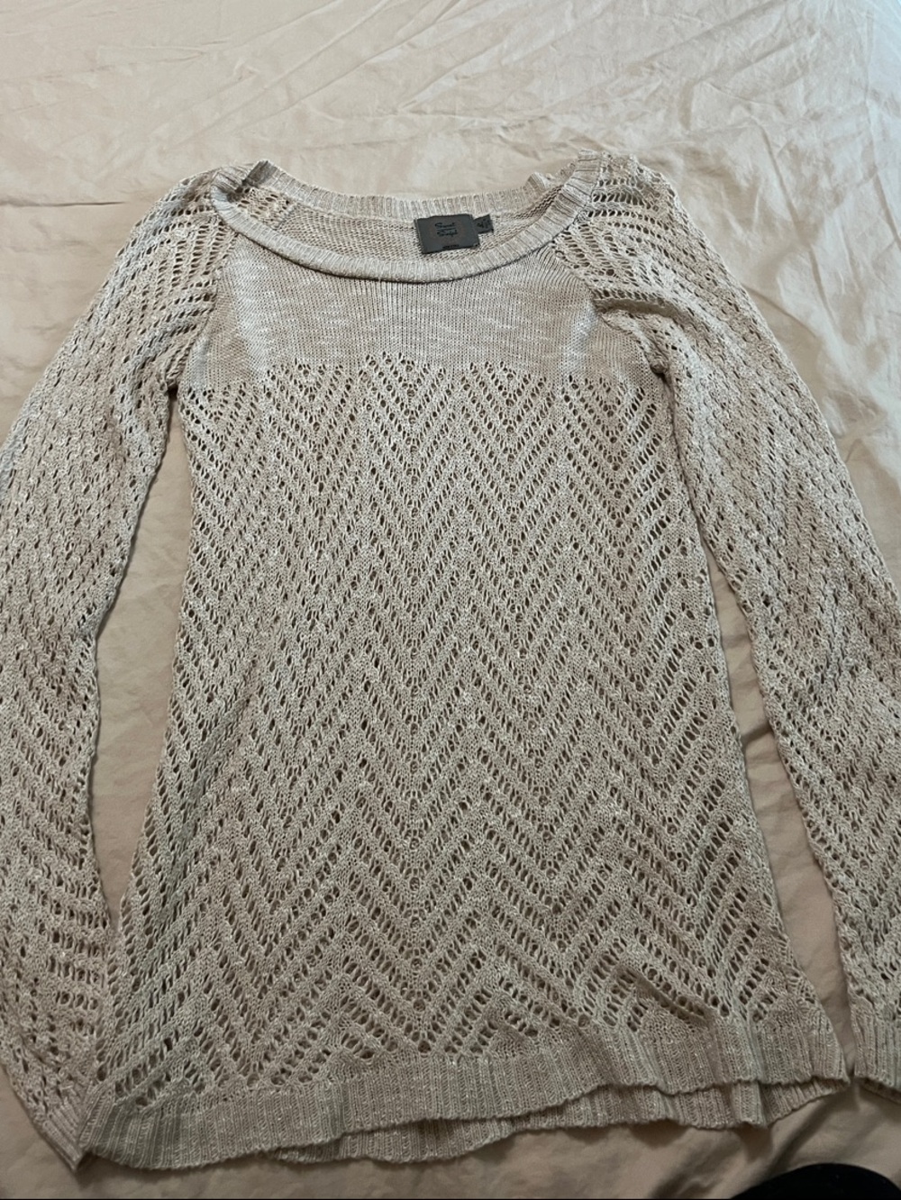 Openwork Chevron Knit Scoop-Neck Sweater - Cream